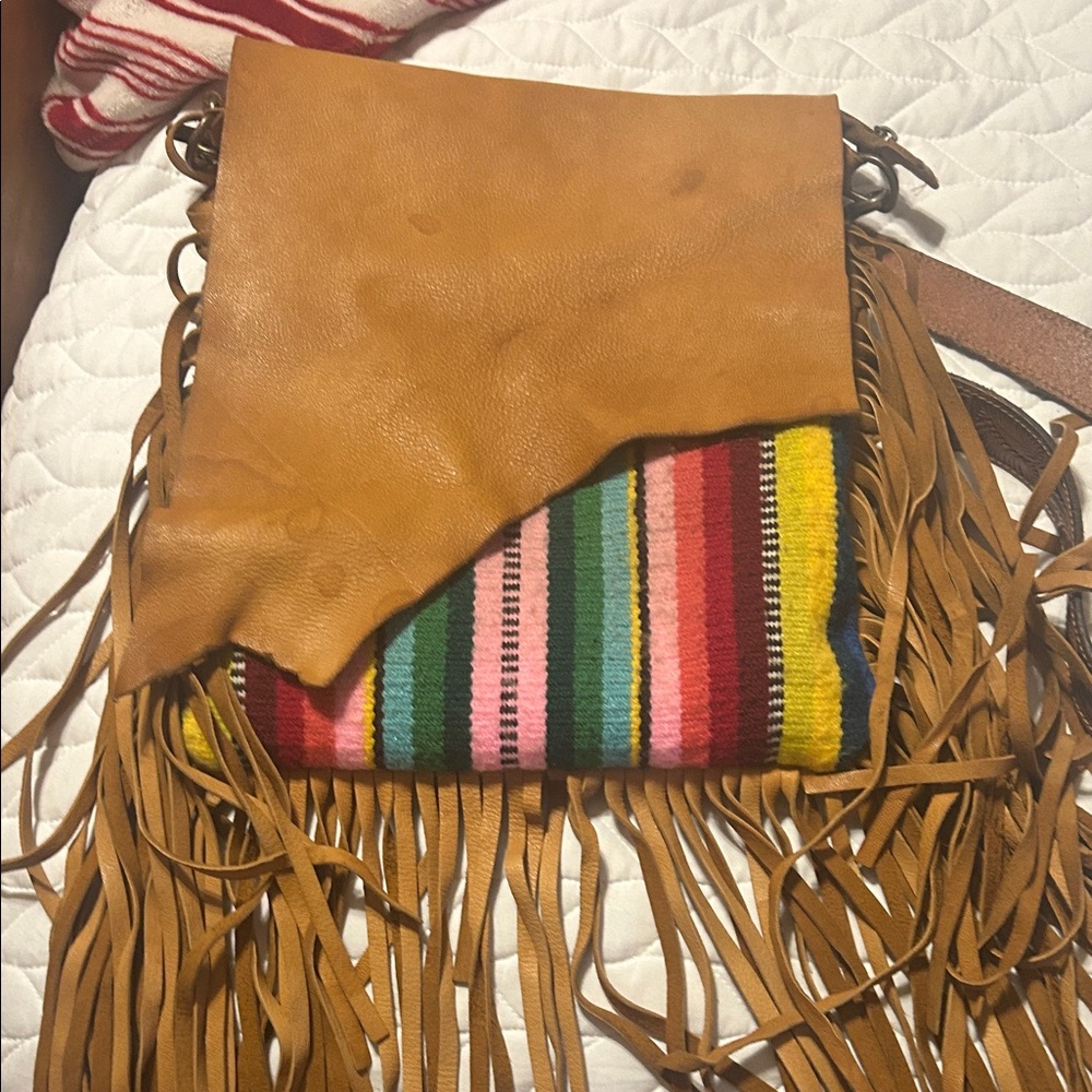 American Darling Tan Leather and Multicolor Striped Crossbody Bag